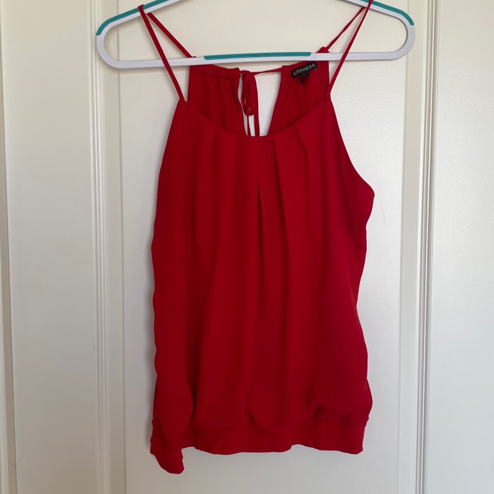Express tie top pleated jersey and polyester tank